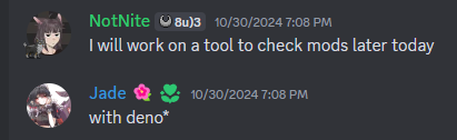 Screenshot of a Discord conversation where Jade tells me to use Deno